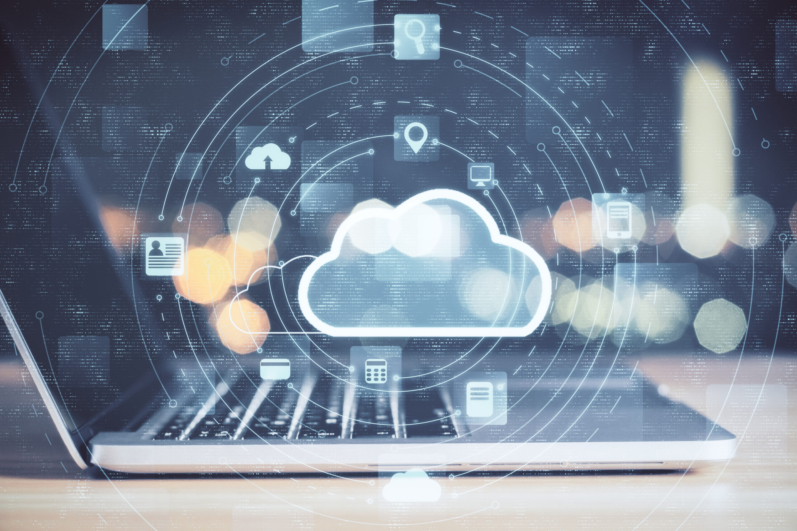 Laptop with cloud computing diagram. Cloud computing and communication concept.